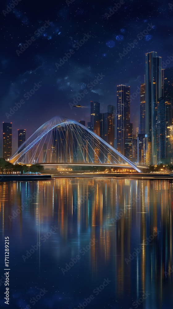Fototapeta premium Cityscape Bridge at Night: A mesmerizing night view of a modern cityscape, featuring a beautifully illuminated bridge reflecting in the calm waters below, under a starlit sky.