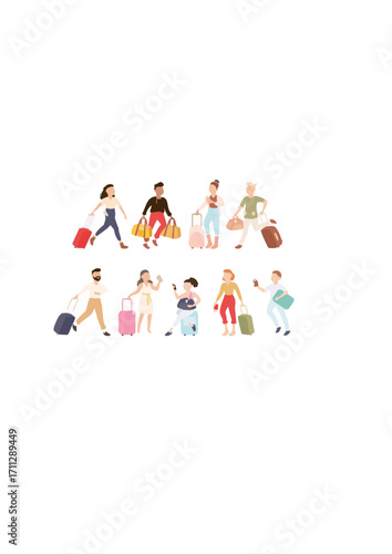People Tourists Carrying Luggage Set, Men and Women Going on Vacation Trip.ai