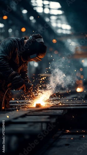A skilled welder works in a bustling industrial setting, creating intricate designs with precision and skill.