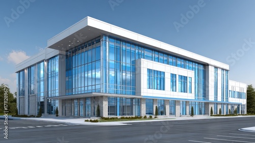 A modern office building with large glass windows and a flat roof.