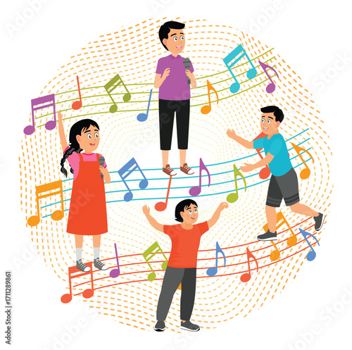 Children singers concept. Children Singing With Colorful Musical Notes.