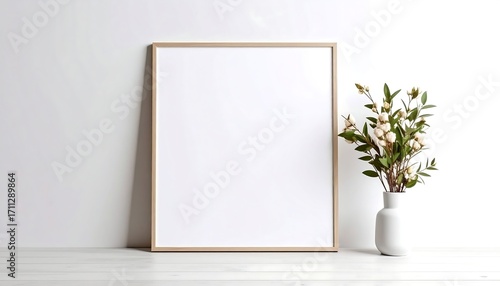 Blank frame, light wooden frame,  white background, simple bouquet in vase