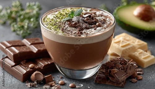 Chocolate beverage in a glass, topped with whipped cream and chocolate shavings.  Fresh mint and pistachios are scattered on the surface. Surrounding the drink are various chocolate bars and chunks