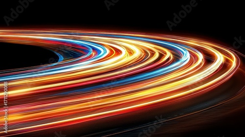 Abstract Concentric Circles of Colorful Light Trails at Night