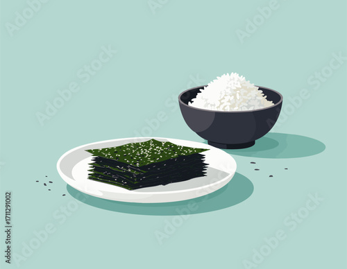 Dried seaweed roasted nori sheets stacked on plate traditional healthy side dish healthy eating with rice bowl
