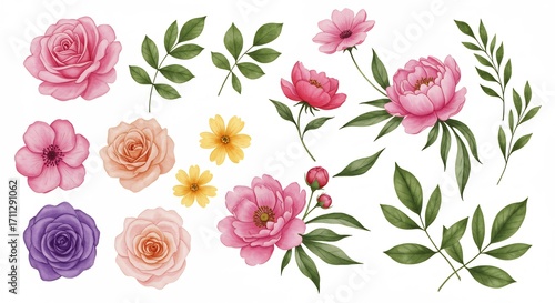 Vibrant watercolor roses peonies leaves blooming brightly. AI Generated