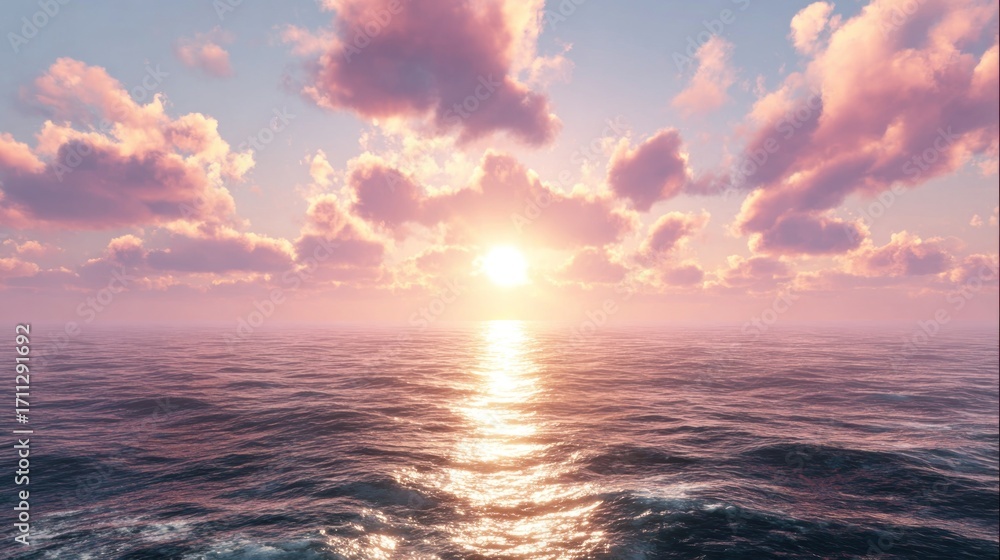 Obraz premium Sunset over the ocean, light reflecting on rippled water, soft clouds in the sky, tranquil scene