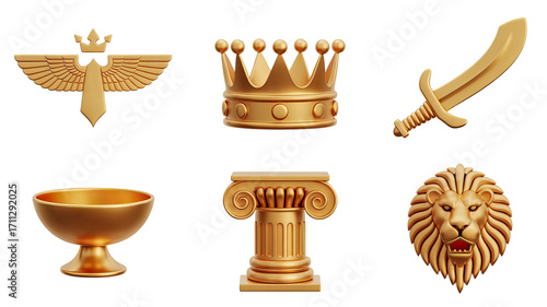 Regal Golden Collection 3D Rendered Eagle Crown Sword Bowl Column and Lion Head Set