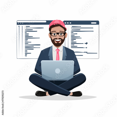 Engineer and developer with laptop and tablet code. Cross-platform development, cross-platform operating systems and software environments concept. Pinkish coral bluevector isolated illustration
