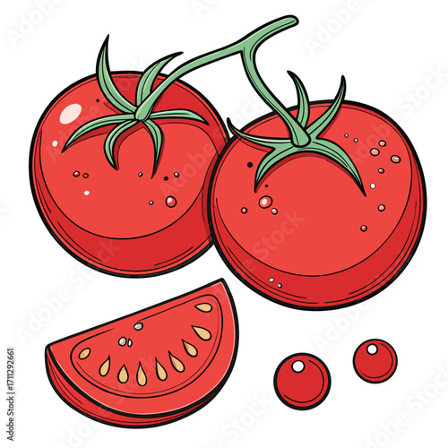 Two ripe red tomatoes on a vine are beside a tomato slice