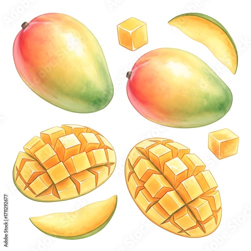  Watercolor painting of fresh tropical mango fruit
