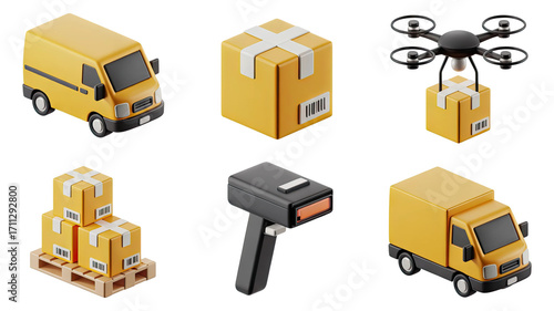 Delivery Van, Package, Drone, Pallet, Barcode Scanner, and Truck on Transparent Background