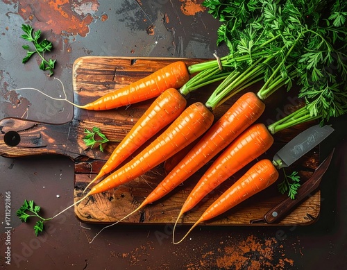 Overhead view of freshly sliced organic carrots on cutting board