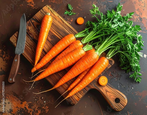 Overhead view of freshly sliced organic carrots on cutting board