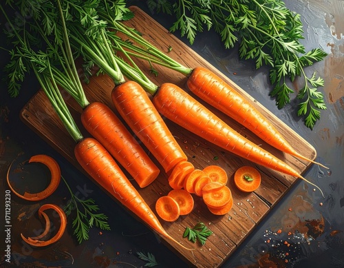 Overhead view of freshly sliced organic carrots on cutting board