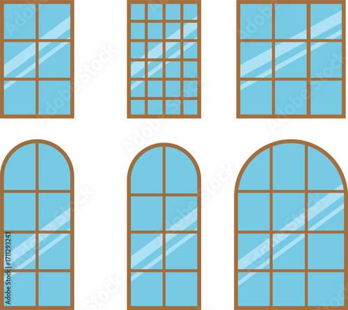 Set of Flat Window Designs with Glass Panes and Wooden Frames