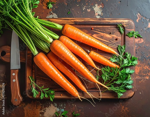 Overhead view of freshly sliced organic carrots on cutting board