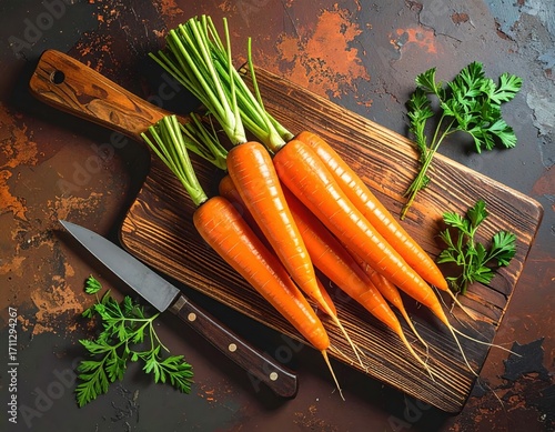Overhead view of freshly sliced organic carrots on cutting board