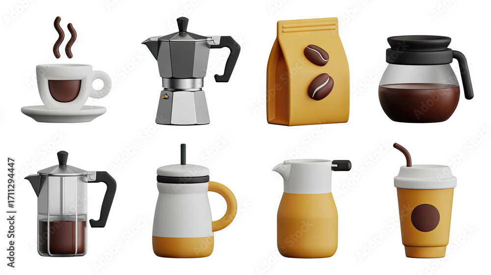 Obraz premium Detailed 3D Render of Coffee Collection on Transparent Background for Creative Projects