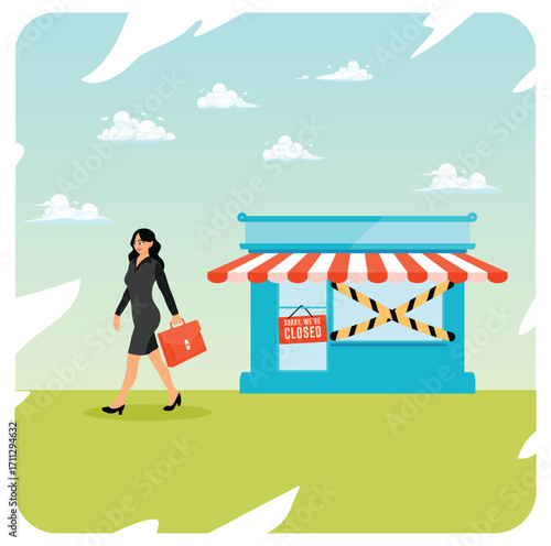 Close business concept. Business Woman walk away from closed company office.