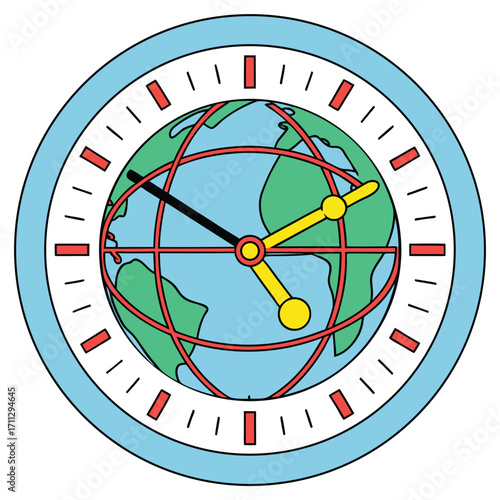 Clock features a global world map and black and yellow hands on a transparent background
