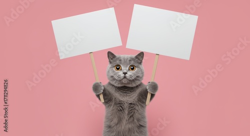 Adorable Grey Cat Holding Blank Protest Signs on Pink Background