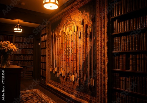 Library Interior with Arrows and Bookshelves