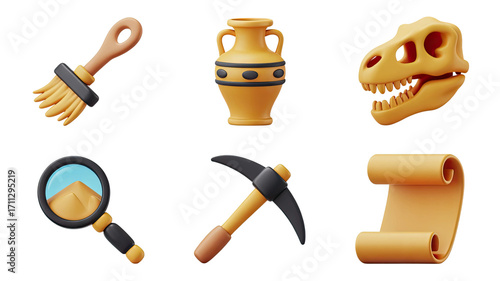 Archaeology Tools 3D Render Brush Vase Dinosaur Skull Magnifier Pickaxe Scroll Isolated