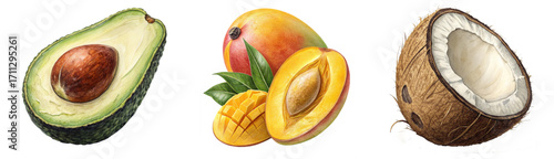 Vibrant fresh avocado, juicy mango slices, and tropical coconut create a delicious and healthy ingredient ensemble for culinary inspiration.