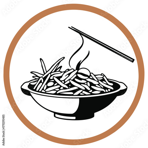 Korean food rendered in a classic black and white vector silhouette on a cast bronze surface, characterized by a timeless, elegant, and antique patina finish on white.