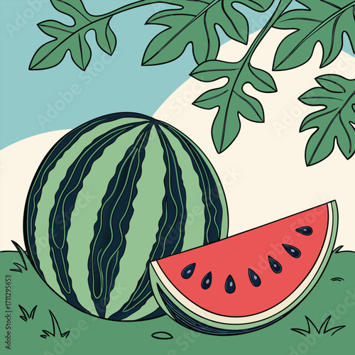 Cartoon watermelon and slice rests on green grass beneath large detailed watermelon leaves
