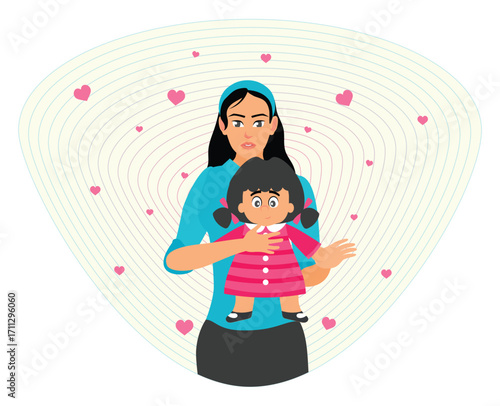 Mothers and Daughters Concept. Mother Protectively Holding Daughter with Emphasis on Love and Care