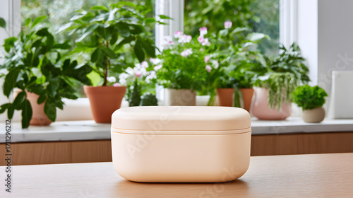 Wallpaper Mural Beige lunchbox reusable container metal minimal kitchen countertop window sunlight houseplant eco friendly. Beige lunchbox bright kitchen countertop near window with sunlight and lush houseplant Torontodigital.ca