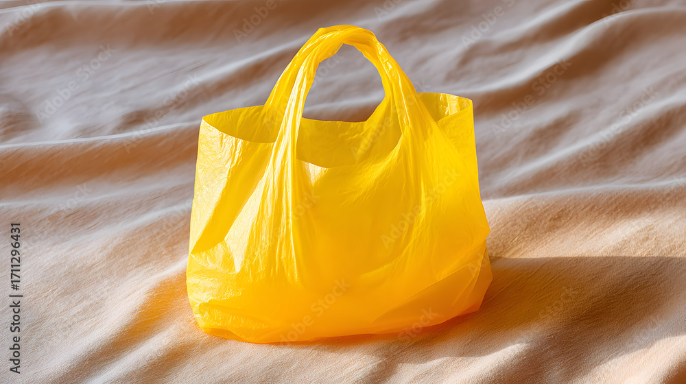 Naklejka premium Yellow plastic bag reusable eco shopping soft light minimal wrinkle fabric indoor bright
