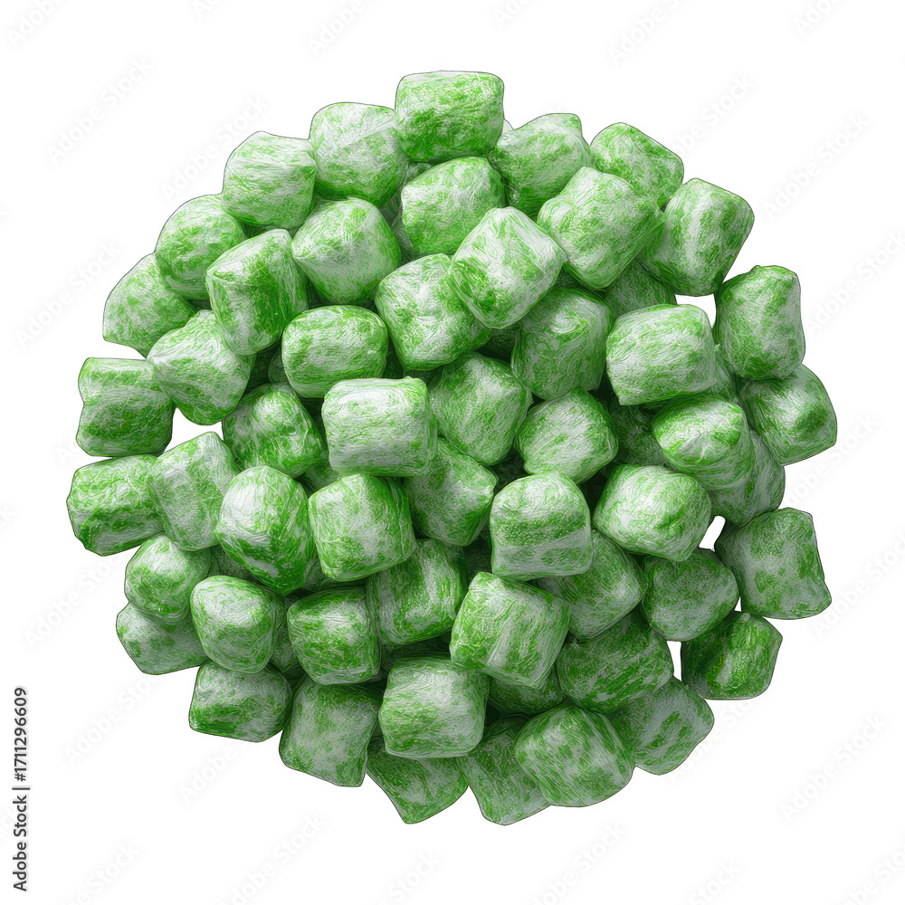 Fototapeta premium Round cluster of small, cubed, green and white candies