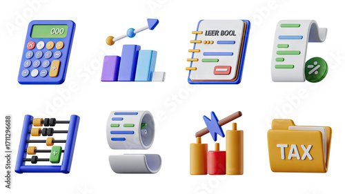 Accounting and Finance 3D Icons Set Calculator, Chart, Ledger, and Tax Management