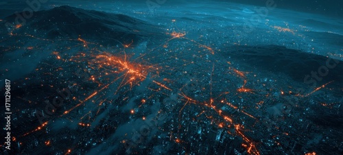 High-angle view of a city sprawling across a darkened landscape, illuminated by orange lights with many interconnected linear patterns