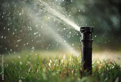 A lawn sprinkler sprays water upwards against a soft-focus green background, creating a glistening mist over bright green grass and some brown earth