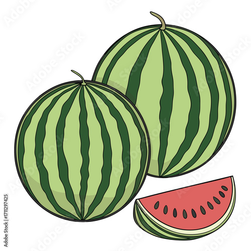 Two whole watermelons appear near a cut slice showcasing the red interior with seeds transparent