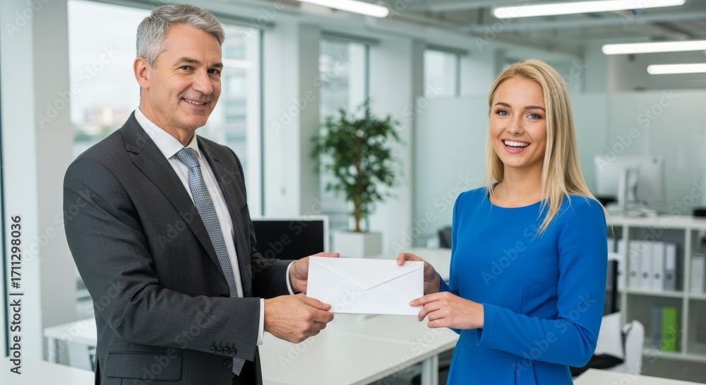 Fototapeta premium Professional appreciation: manager hands employee bonus in modern office setting