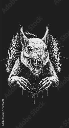 Terrifying Squirrel with Sharp Claws and Dripping Liquid Ink Illustration.
