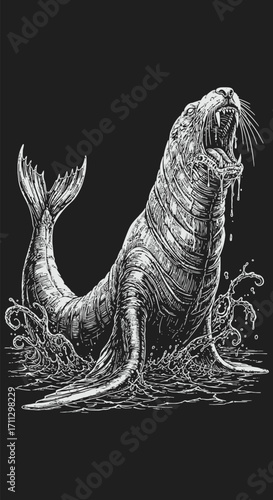 Engraved Sea Lion Roaring in Water with Splashes and Sharp Teeth.