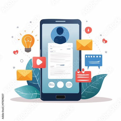 Social media marketing and digital advertising concept, smartphone with notification icons, online engagement, content creation vector, modern communication design, trendy colors
