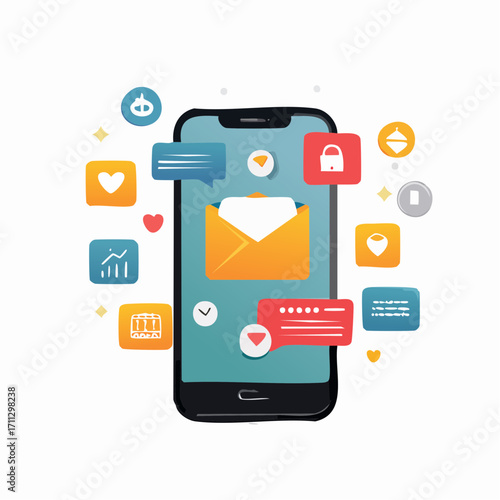 Social media marketing and digital advertising concept, smartphone with notification icons, online engagement, content creation vector, modern communication design, trendy colors
