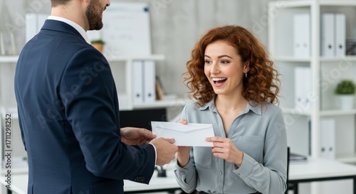 Employee receiving financial bonus in office environment with cheerful reaction