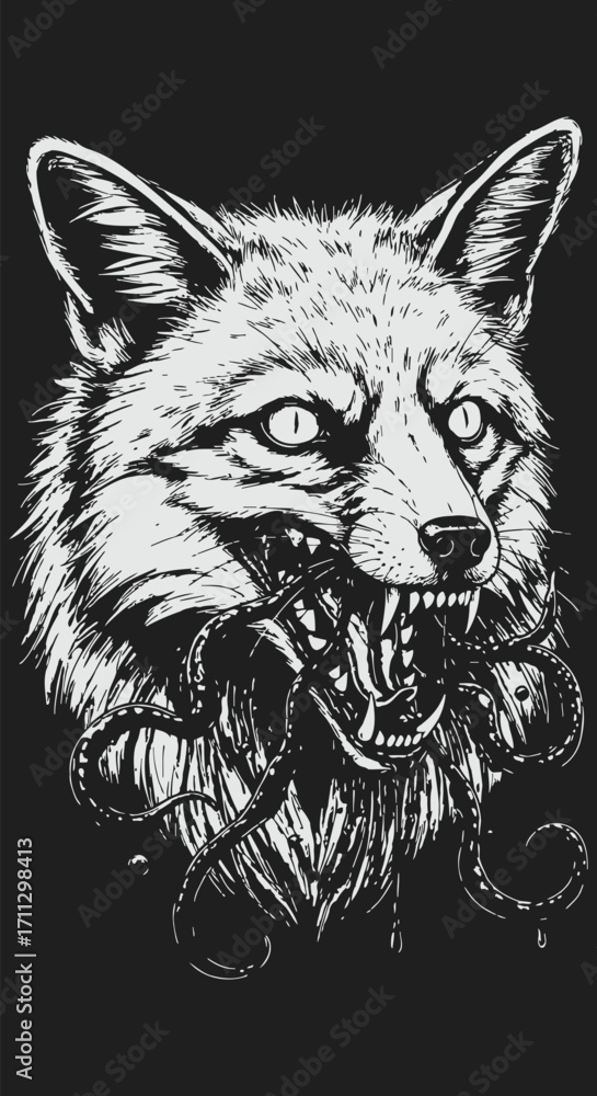 Fototapeta premium Intense Fox Head Devouring an Octopus in Monochrome Ink Drawing.