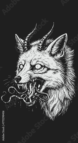 Ferocious Fox Demon Portrait in Detailed Ink Drawing.
