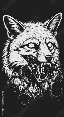 Intense Fox Head Devouring an Octopus in Monochrome Ink Drawing.