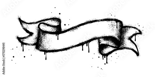 Spray painted graffiti vintage ribbon in black over white. vintage ribbon drip symbol. isolated on white background