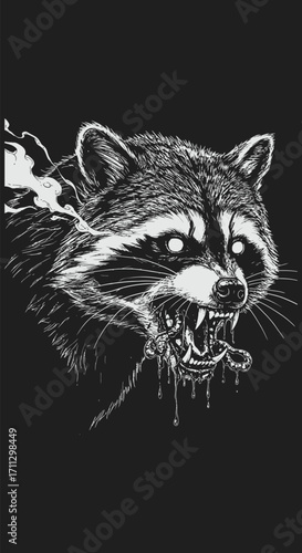 Glowing Eyed Raccoon Devouring Prey in Dark Ink Drawing.